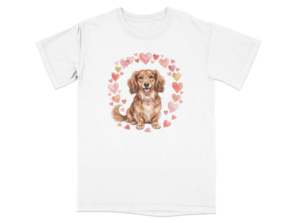 Dachshund wearing a pink collar surrounded by a heart wreath.