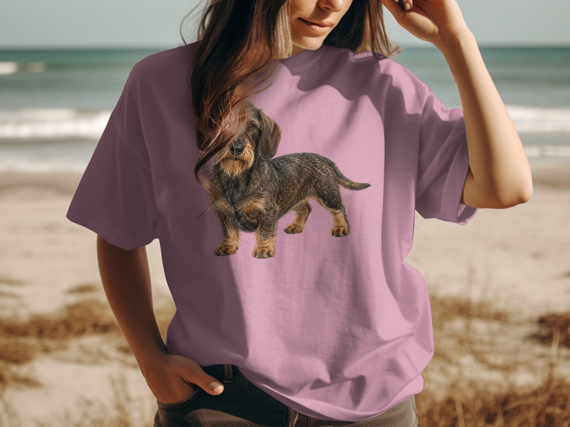 T-shirt with a wirehaired dachshund illustration on the front.
