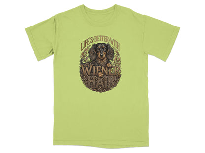 Light green t-shirt with graphic of dachshund and text "Life's better with wiener hair".