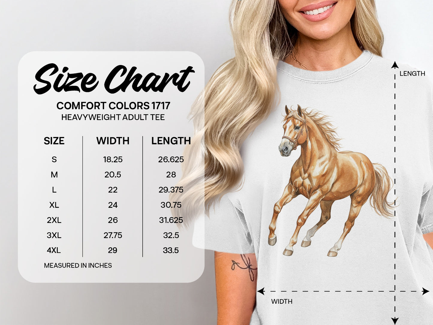 Comfort Colors 1717 Heavyweight Adult Tee size chart with horse graphic.