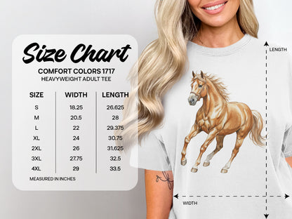 Comfort Colors 1717 Heavyweight Adult Tee size chart with horse graphic.
