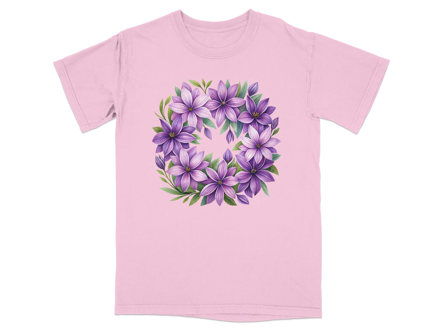 Pink t-shirt with a circular floral design of purple clematis flowers.