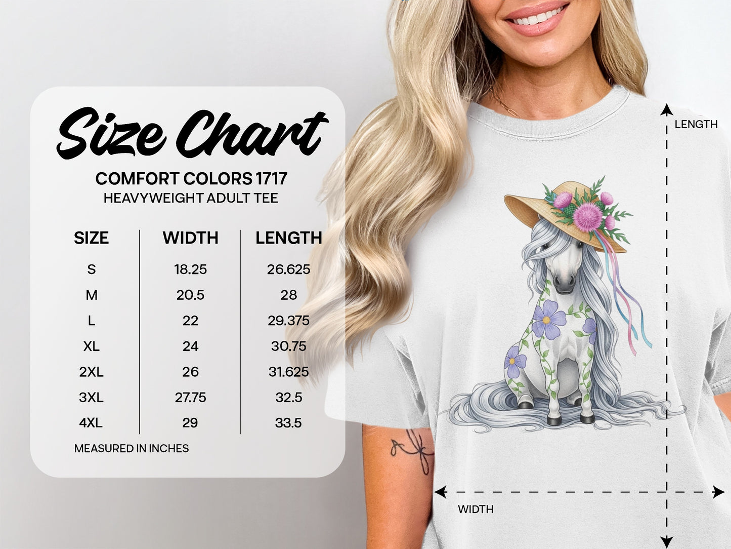 Comfort Colors 1717 heavyweight adult tee size chart with unicorn illustration.