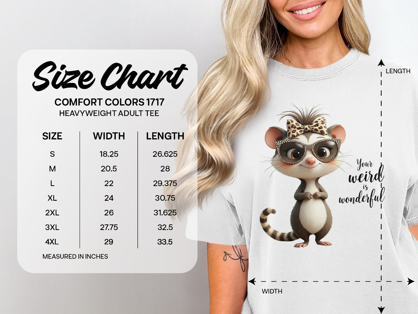 Comfort Colors 1717 heavyweight adult tee size chart with measurements.