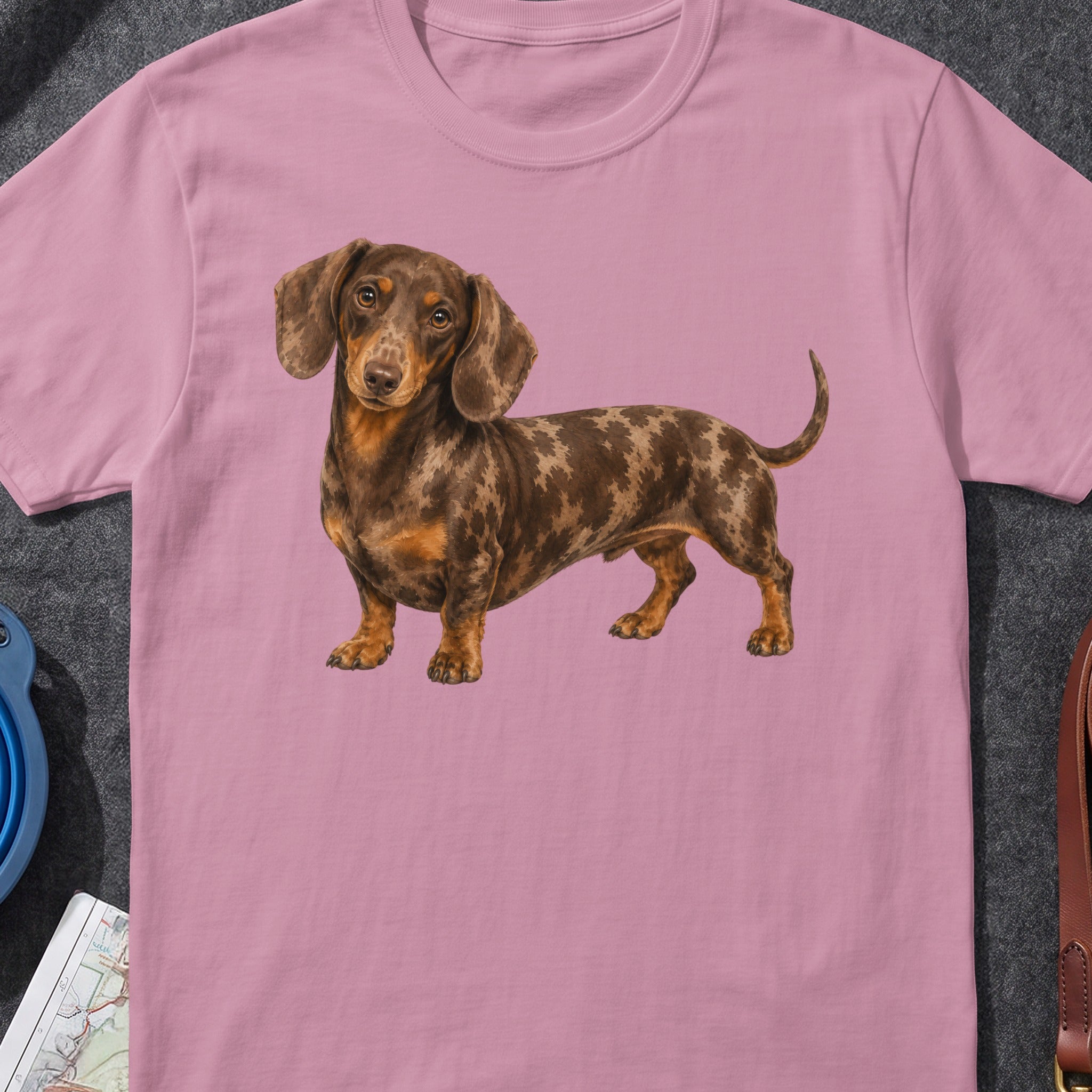 Dachshund with dapple coat on pink t-shirt.