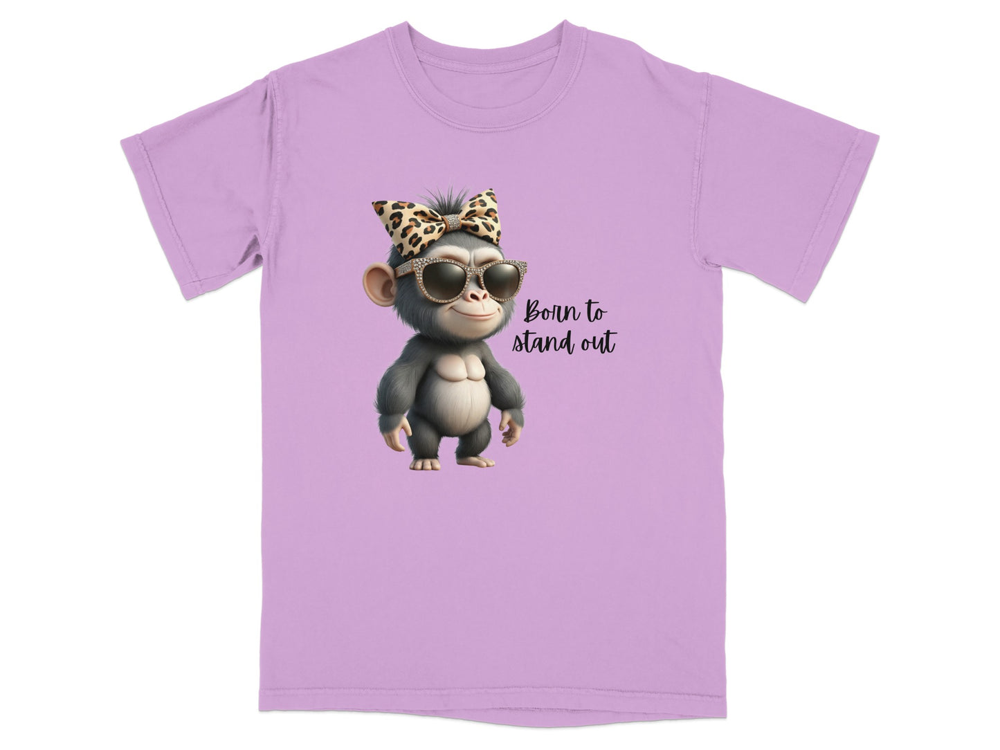 Monkey in sunglasses and leopard print bow, "Born to stand out" text.