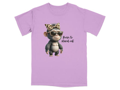 Monkey in sunglasses and leopard print bow, "Born to stand out" text.