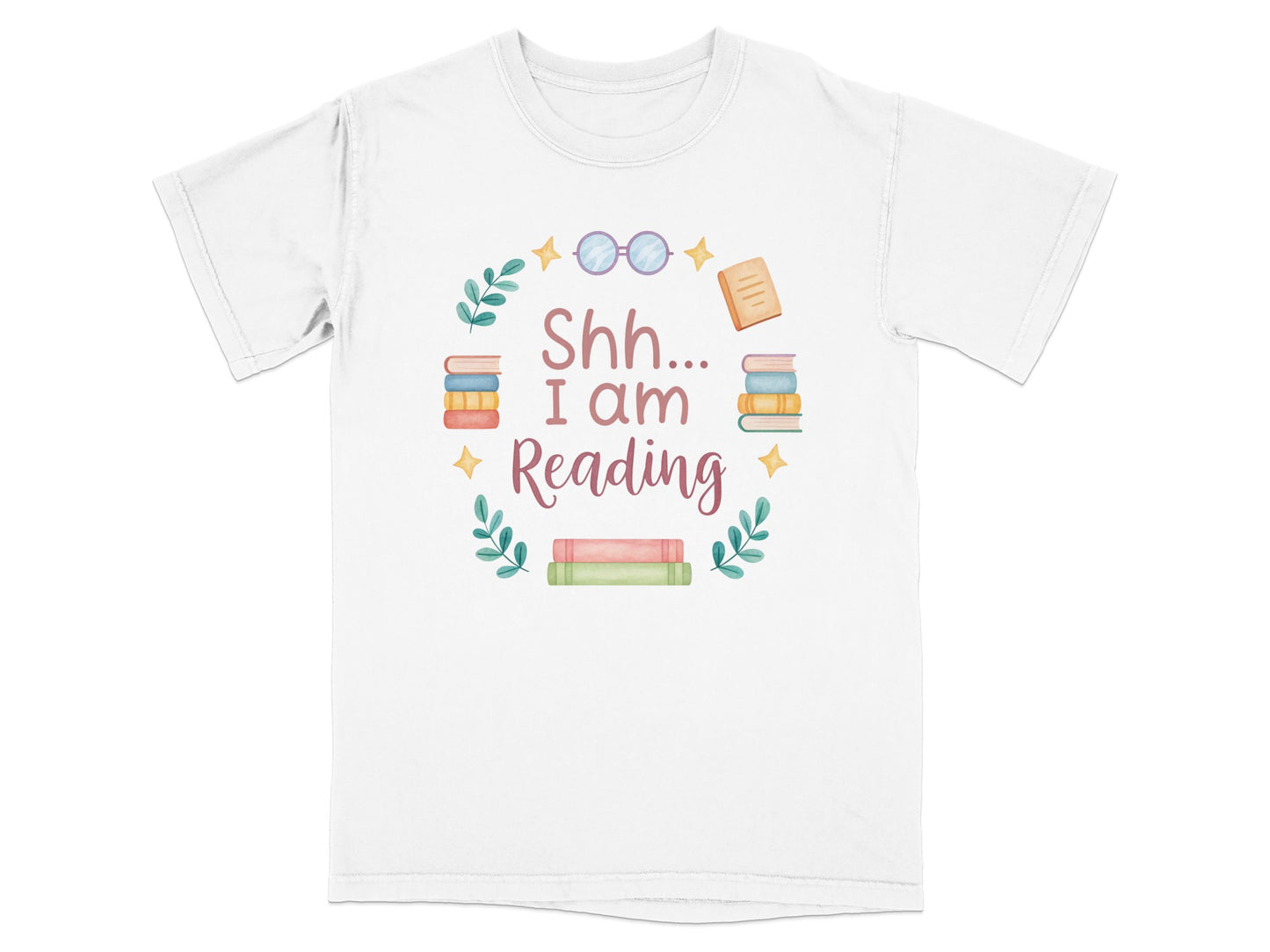 T-shirt with "Shh I am Reading" text and stacked books graphic.