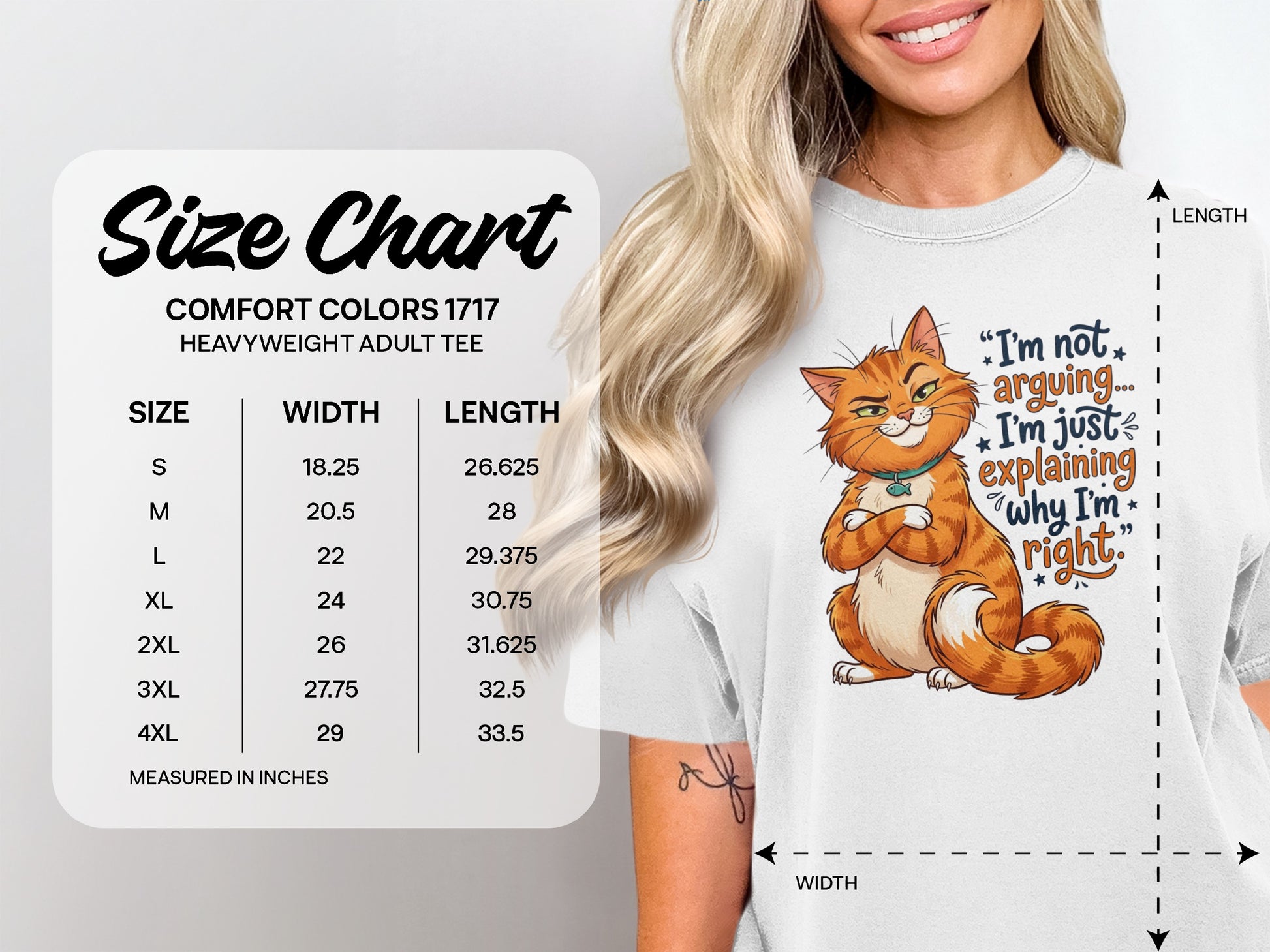 Comfort Colors heavyweight tee size chart with a cat illustration.