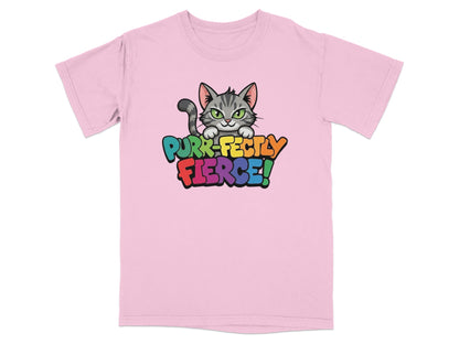 Pink t-shirt with a cartoon cat and "Purr-fectly Fierce!" text.