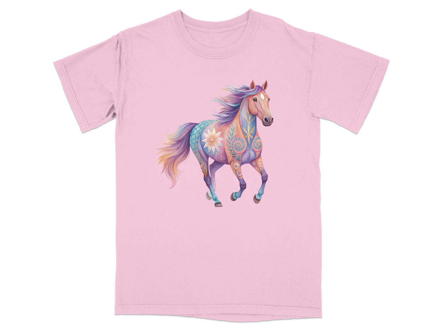 Pink t-shirt with a colorful, decorated horse running.