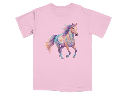 Pink t-shirt with a colorful, decorated horse running.