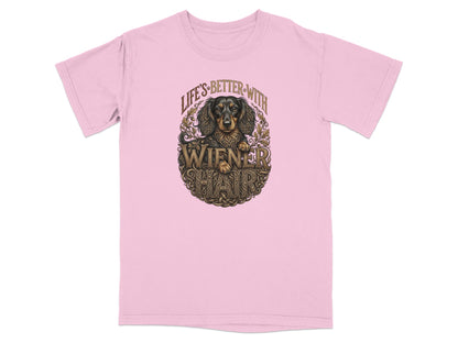 Pink t-shirt with "Life's Better with Wiener Hair" and dachshund graphic.