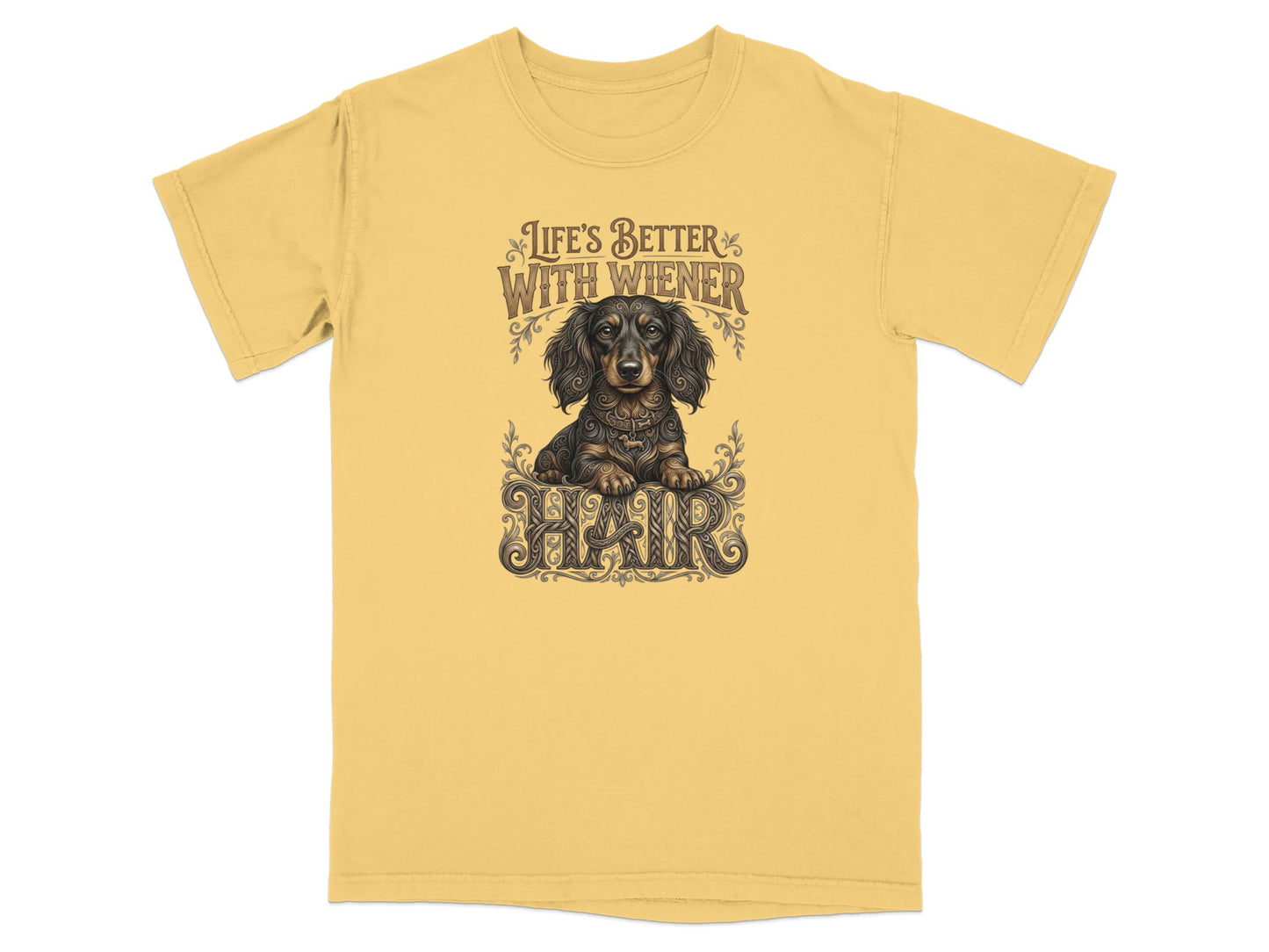 Yellow t-shirt with "Life's Better With Wiener" text and a dachshund graphic.