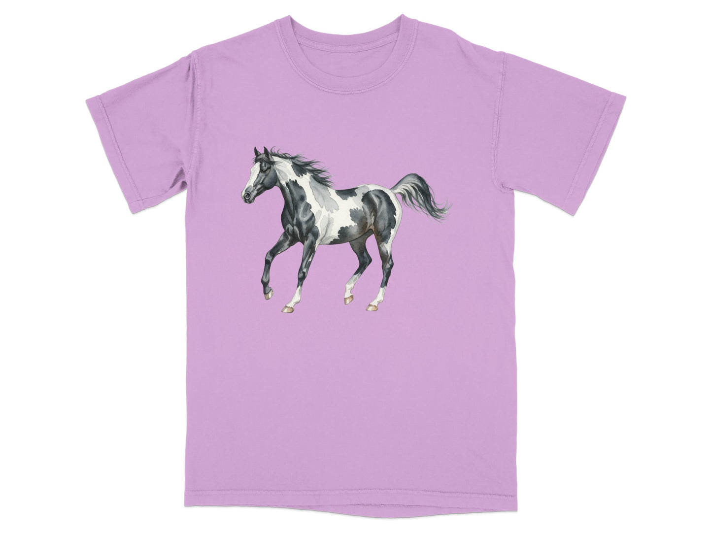 Purple t-shirt with a black and white horse illustration.