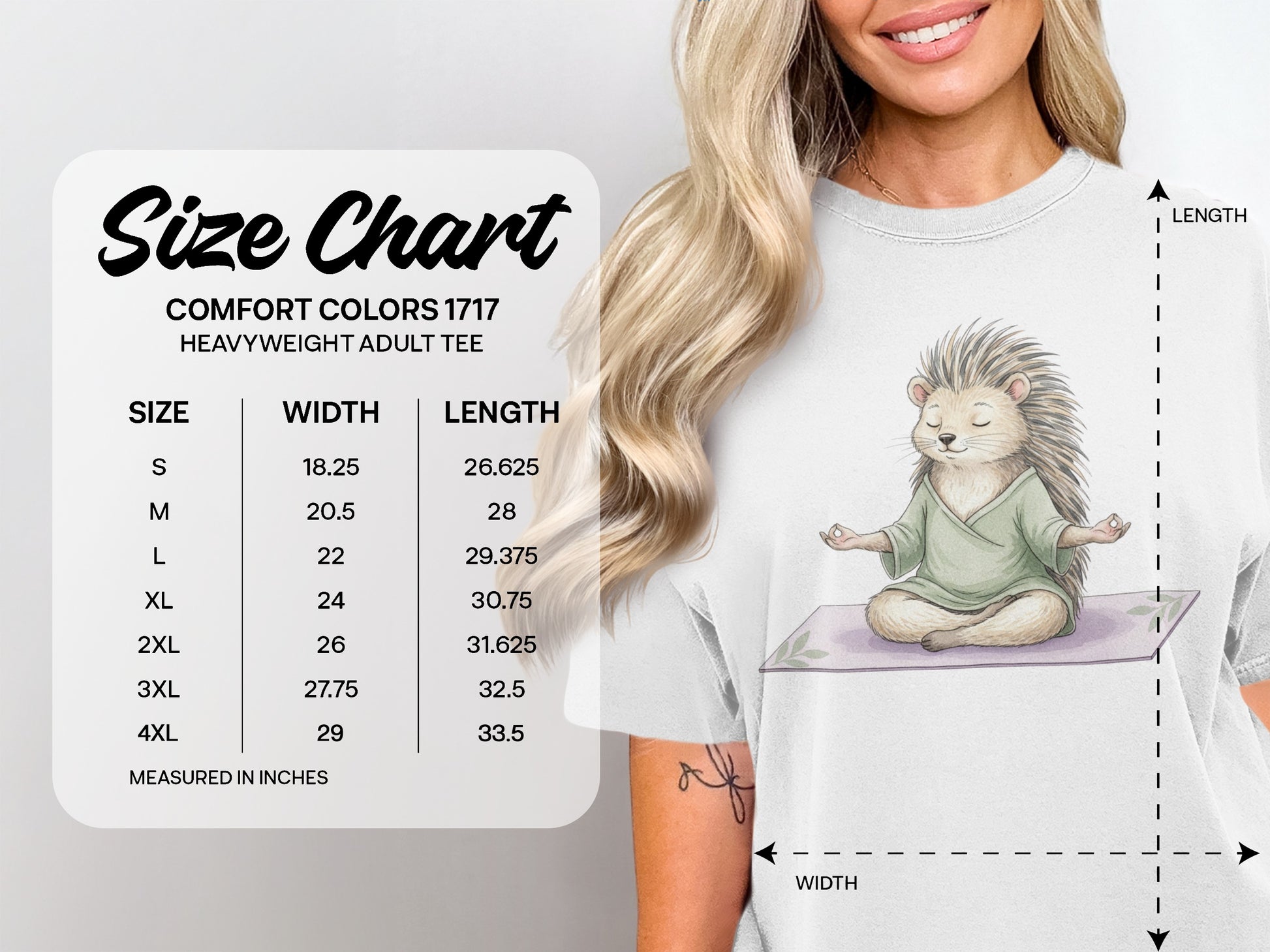 Size chart for Comfort Colors 1717 heavyweight adult tee, showing measurements.