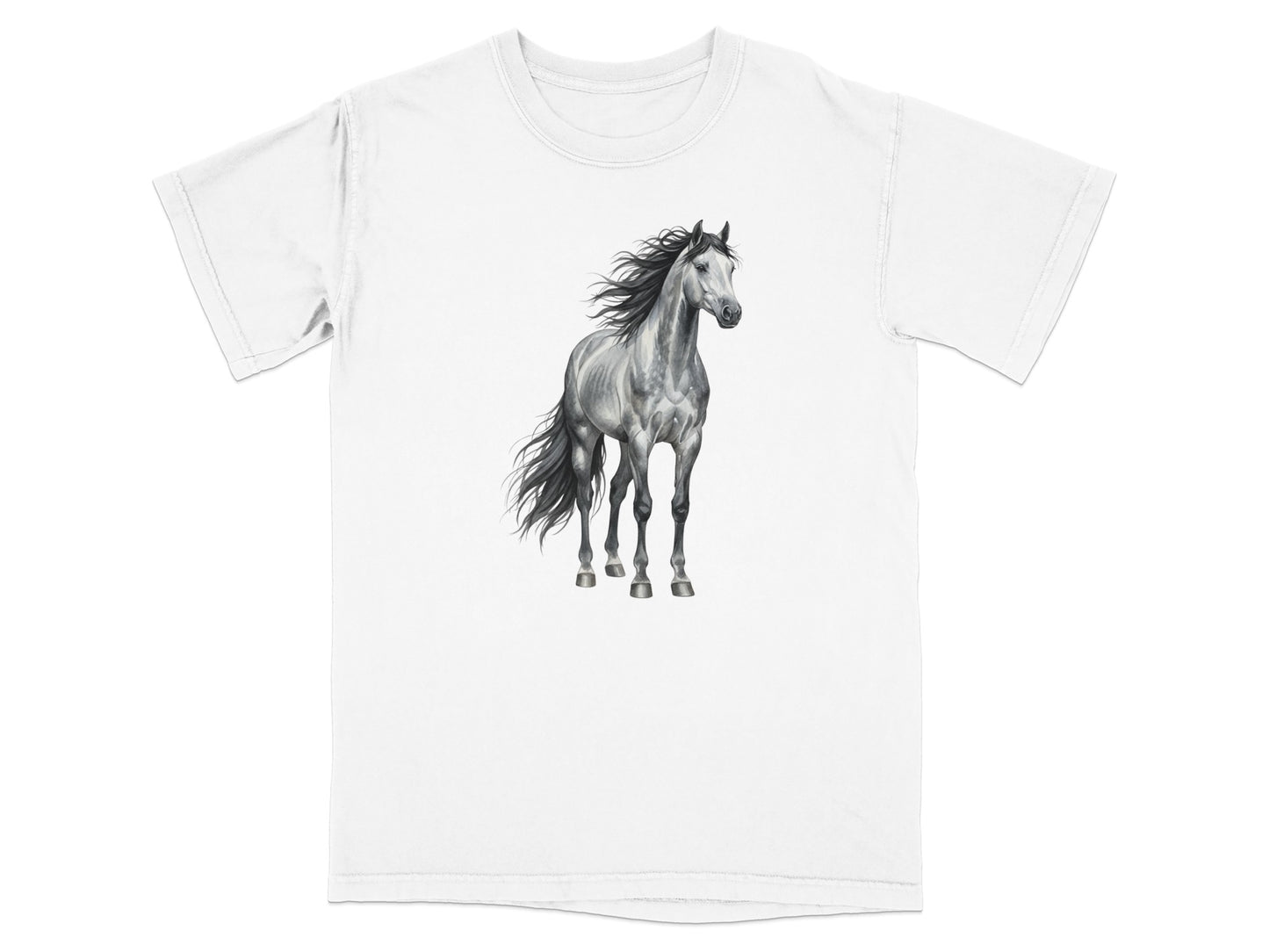 White t-shirt with a gray horse illustration.