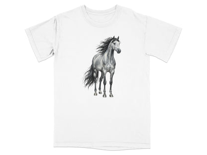 White t-shirt with a gray horse illustration.