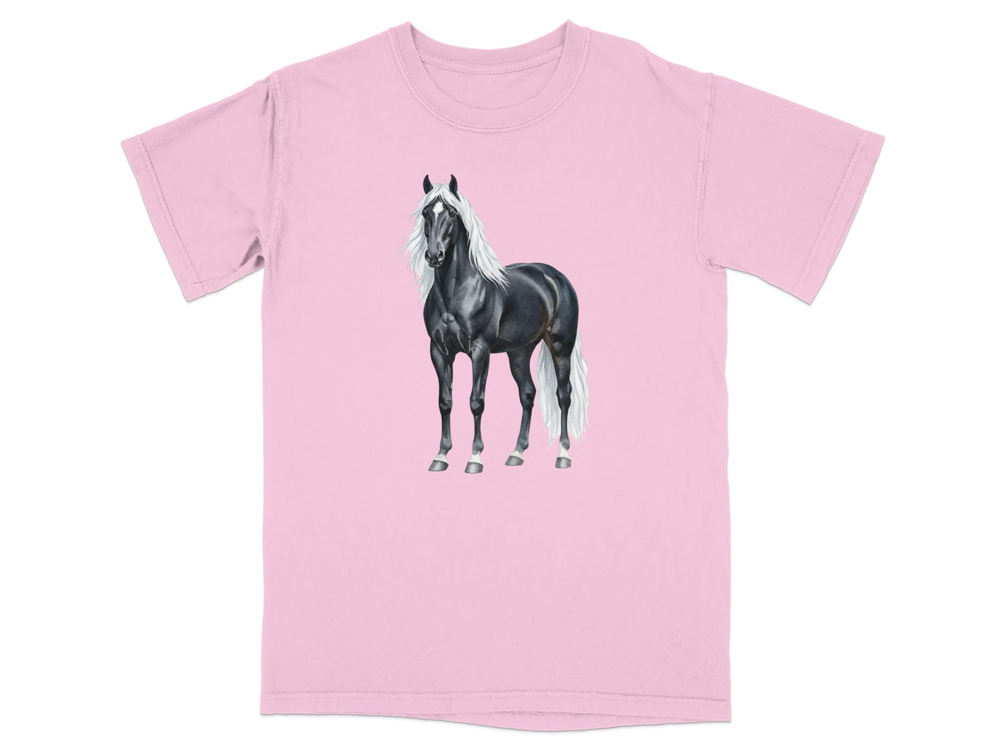 Black horse with white mane and tail on a pink t-shirt.