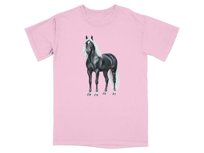 Black horse with white mane and tail on a pink t-shirt.