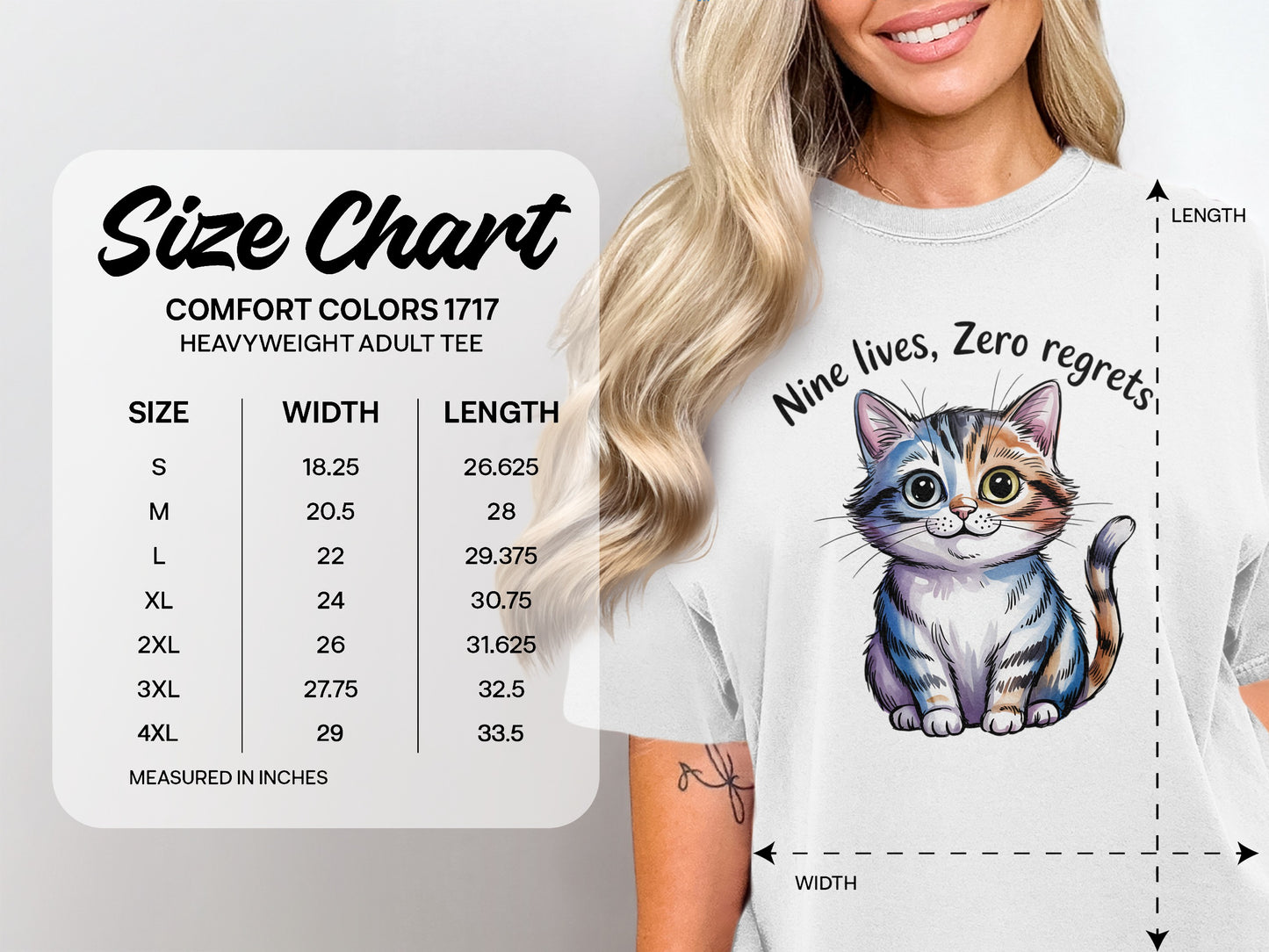 Comfort Colors 1717 heavyweight adult tee size chart with measurements.