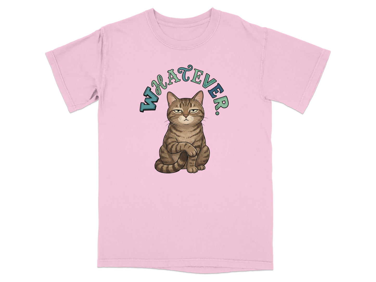 Pink t-shirt with a grumpy cat sitting and the text "WHATEVER".