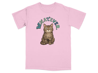 Pink t-shirt with a grumpy cat sitting and the text "WHATEVER".