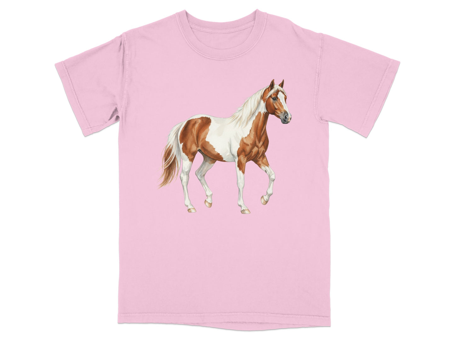 Pink t-shirt featuring a brown and white painted horse illustration.