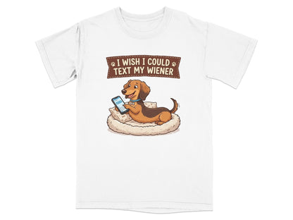 Dachshund dog wearing a collar, lying on a pillow, holding a phone, with text.