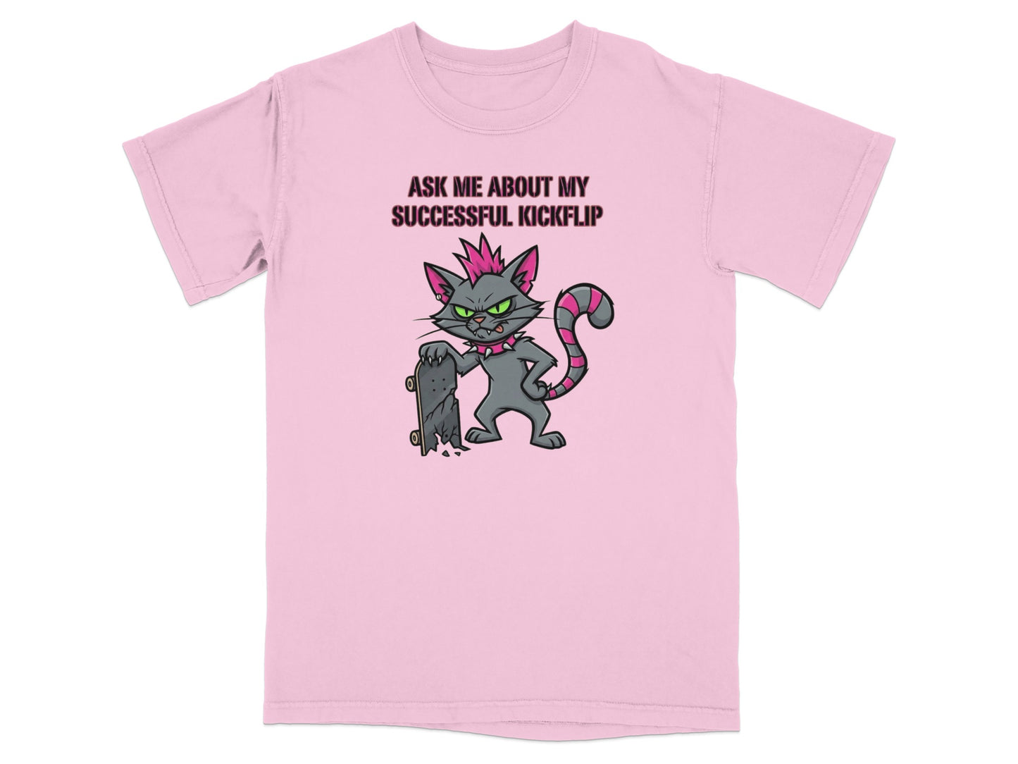 Pink t-shirt with cartoon cat in punk attire holding a skateboard.
