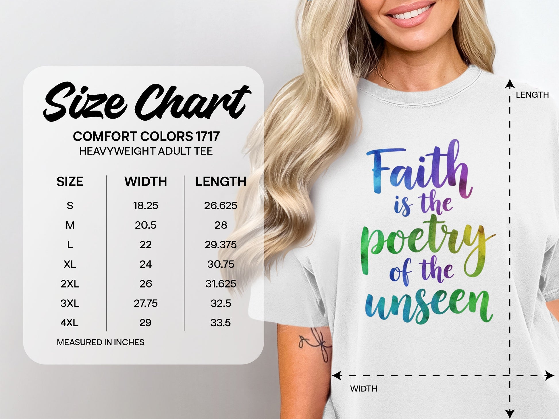 Comfort Colors 1717 heavyweight adult tee size chart with "Faith is the poetry of the unseen" graphic.