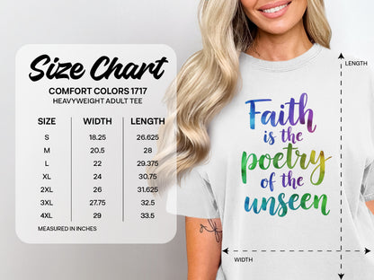 Comfort Colors 1717 heavyweight adult tee size chart with "Faith is the poetry of the unseen" graphic.