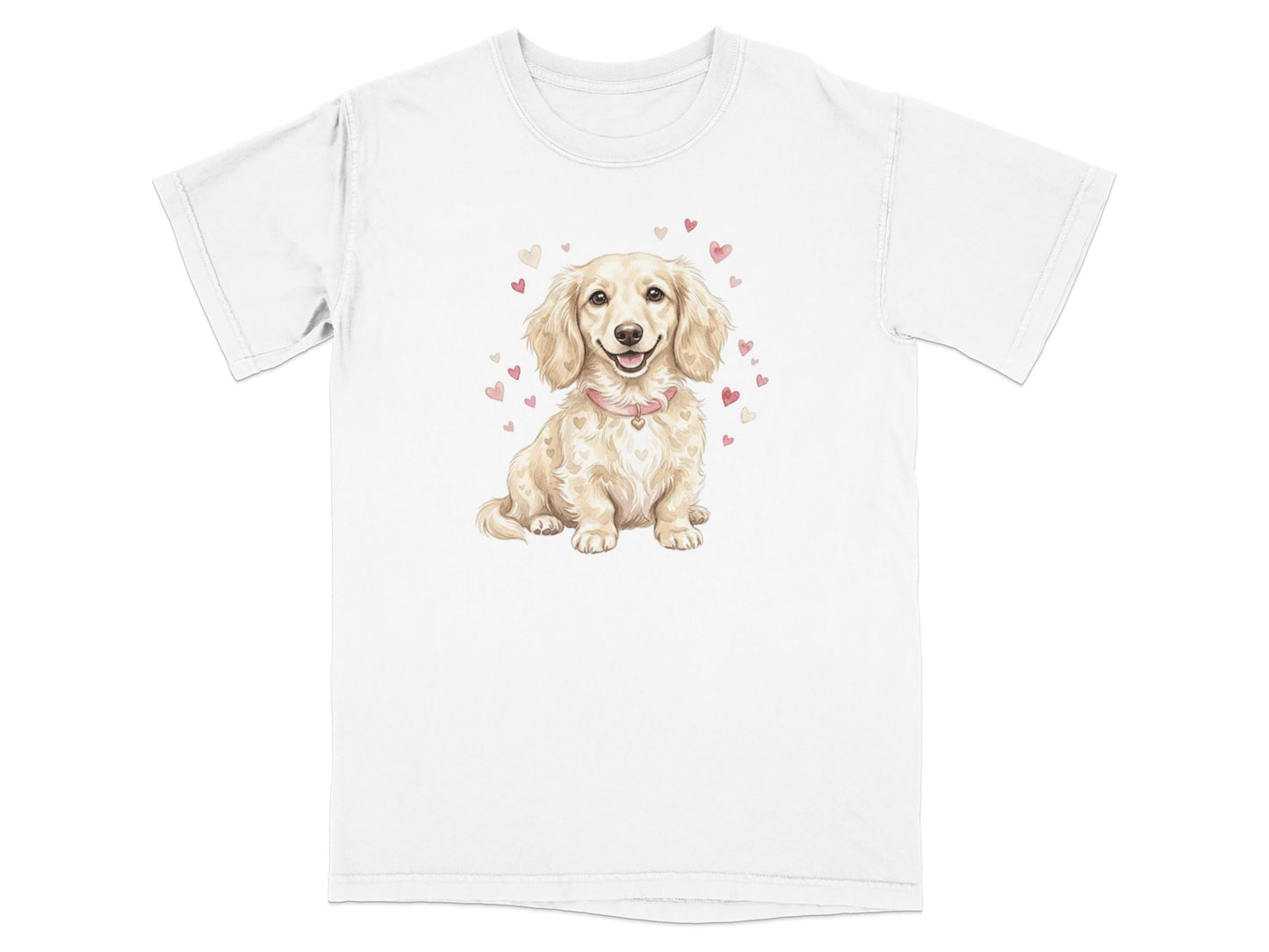 White t-shirt with a cream dachshund wearing a pink collar and hearts.