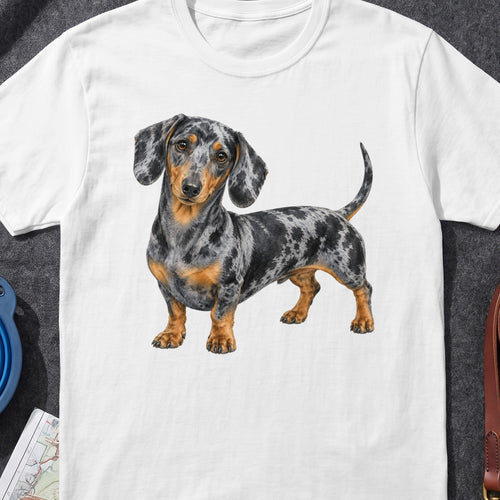 Dachshund with dapple coat standing on a white t-shirt.