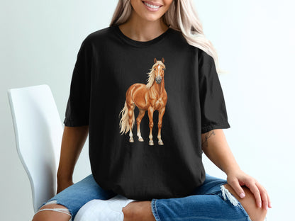 Black t-shirt featuring a full-body illustration of a chestnut horse.