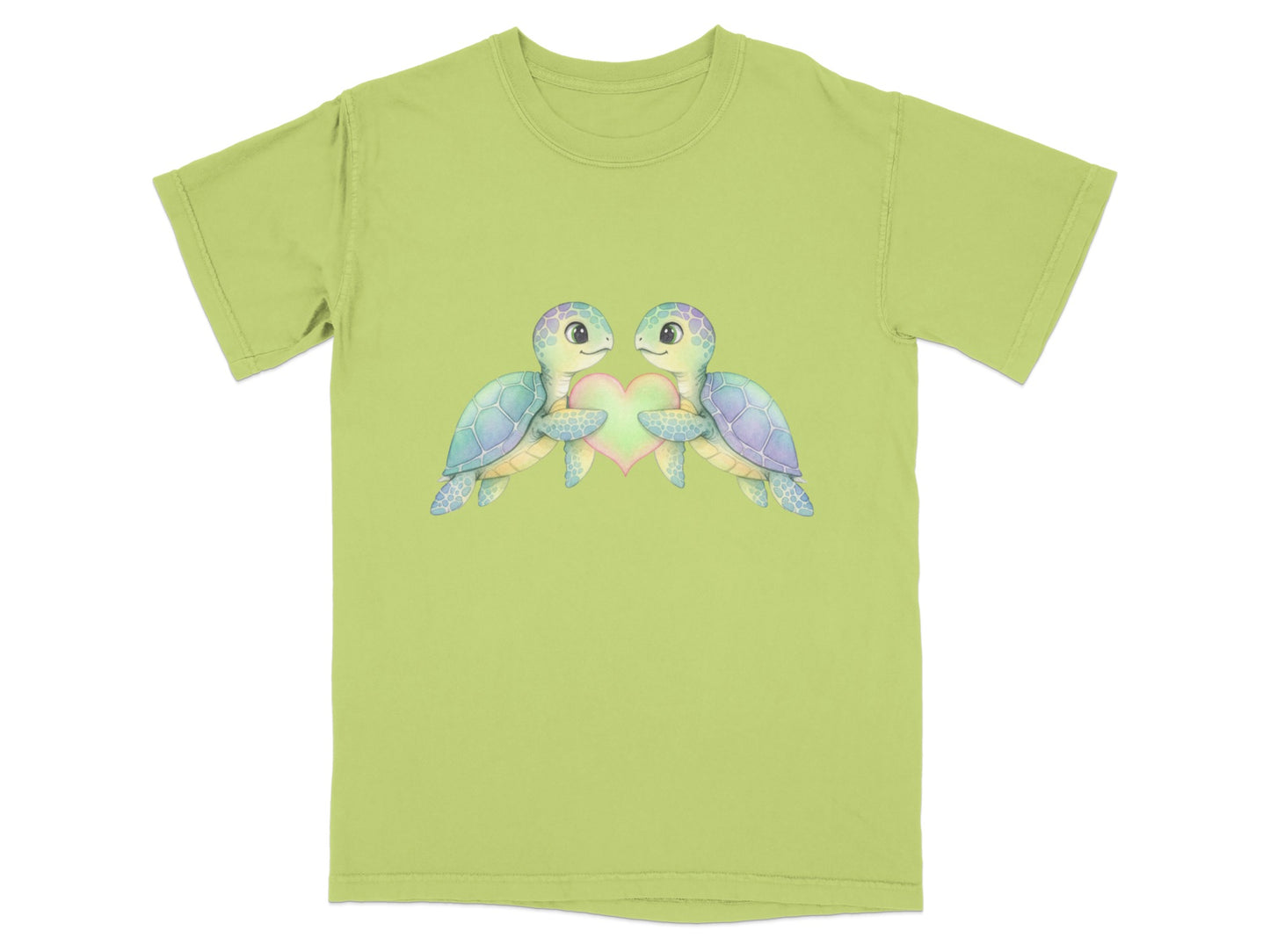 Two cartoon sea turtles holding a heart shape.