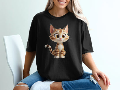 Black t-shirt with a cartoon tabby cat sitting on a white chair.