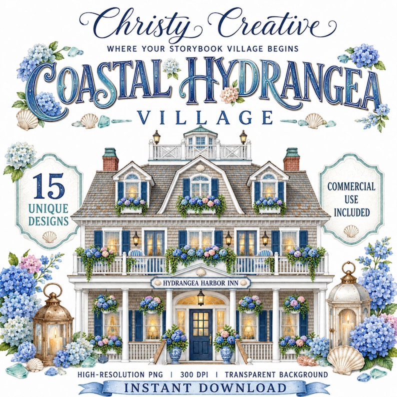 Coastal Hydrangea Village watercolor clipart bundle cover
