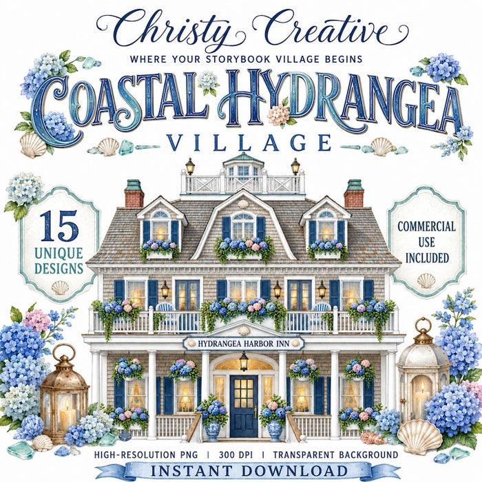 Coastal Hydrangea Village Watercolor Clipart Bundle | 15 PNG Designs