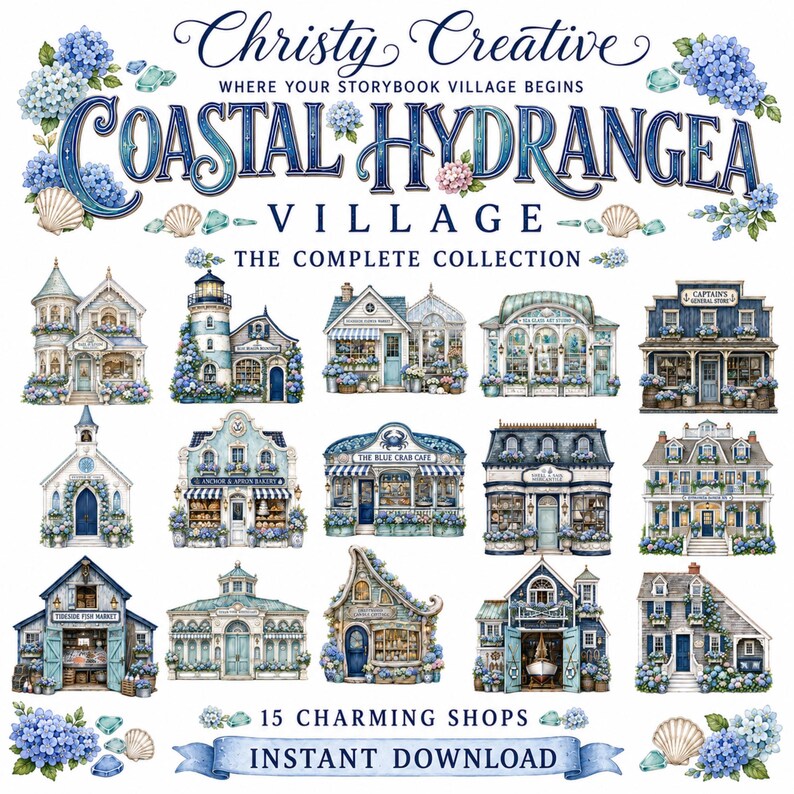 All 15 Coastal Hydrangea Village watercolor buildings
