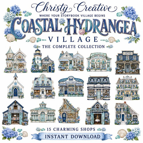 All 15 Coastal Hydrangea Village watercolor buildings