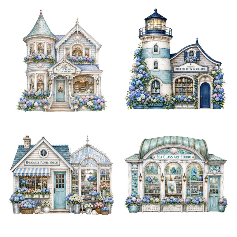 Coastal Hydrangea Village digital PNG bundle details
