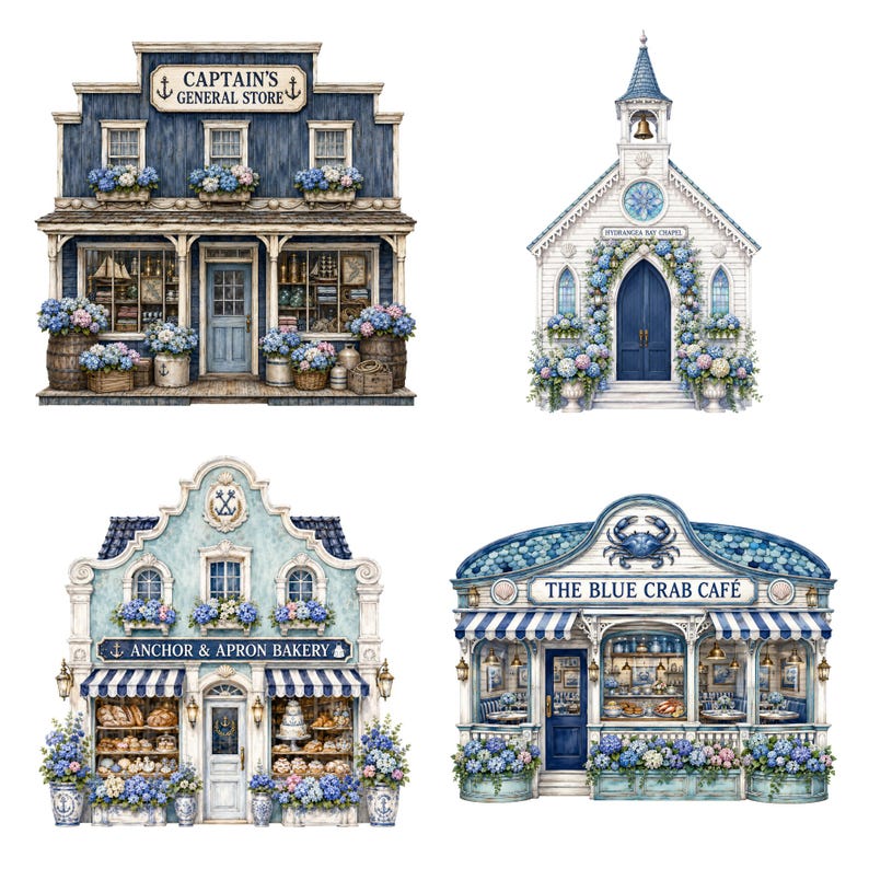 Coastal Hydrangea Village watercolor art product mockup