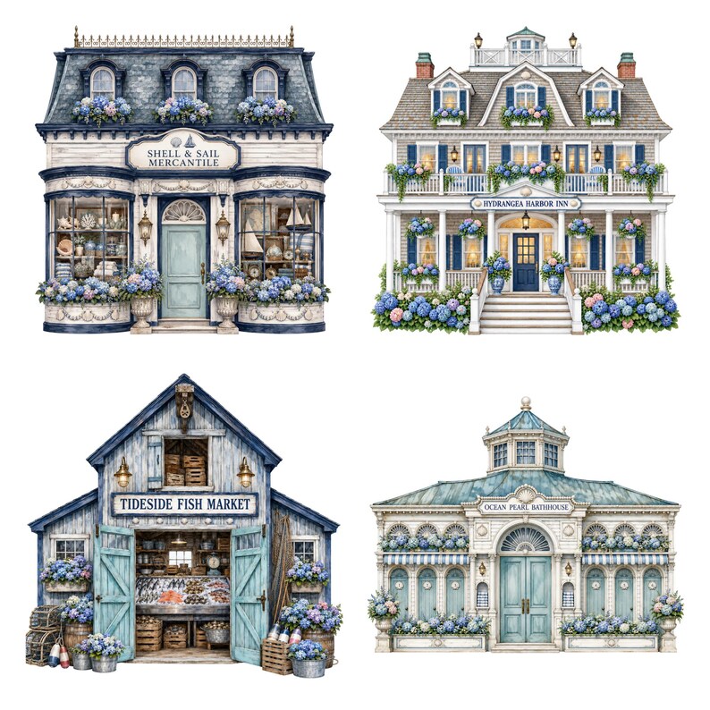 Coastal Hydrangea Village watercolor art mockup