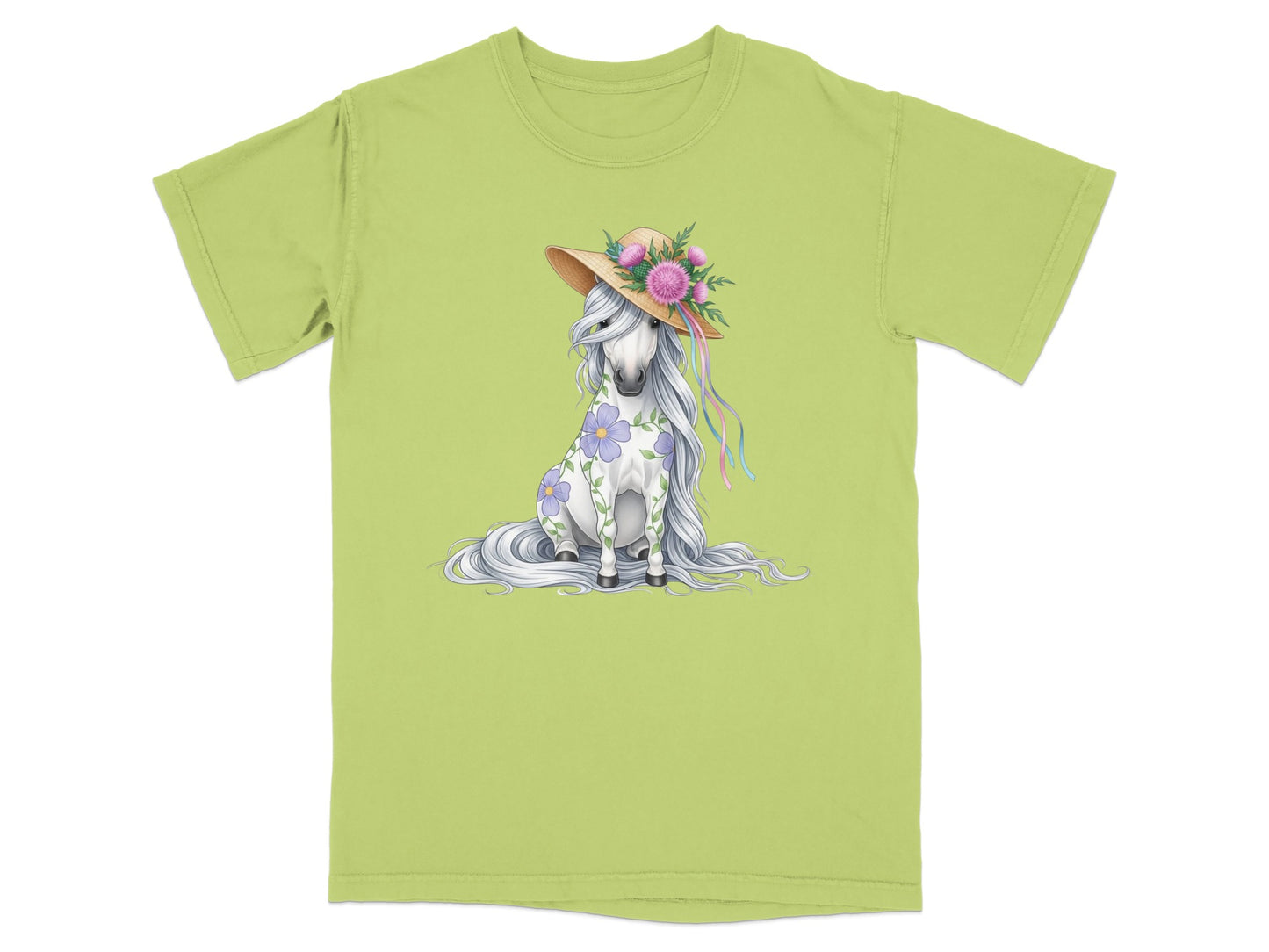 A stylized white horse wearing a straw hat with flowers and ribbons, sitting.