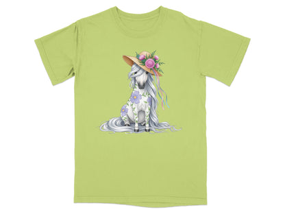 A stylized white horse wearing a straw hat with flowers and ribbons, sitting.