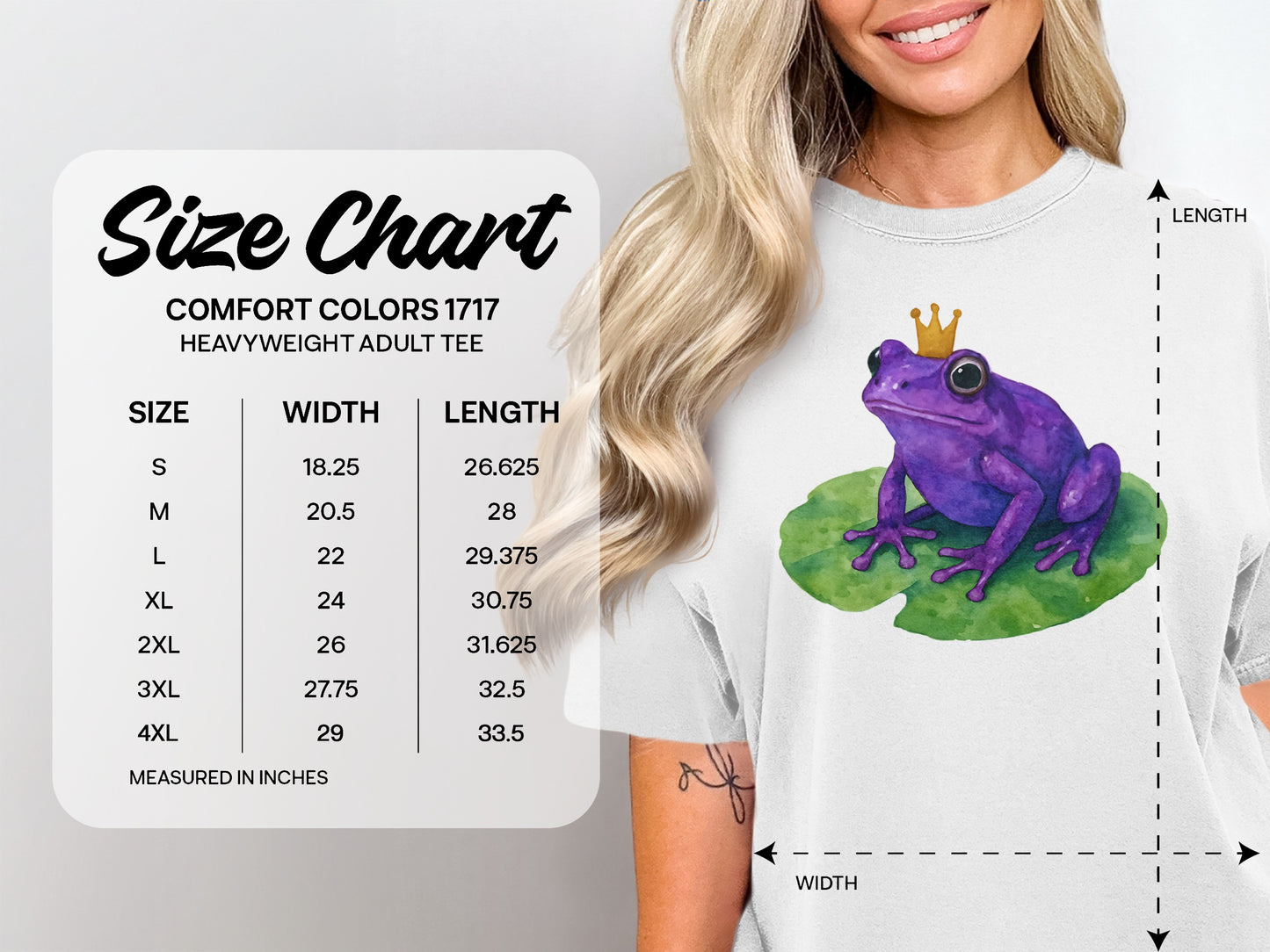 Comfort Colors 1717 heavyweight t-shirt size chart with measurements.