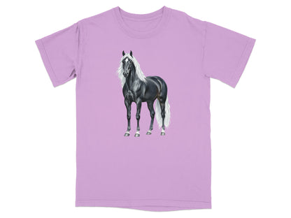 Black horse with white mane and tail on a lavender t-shirt.