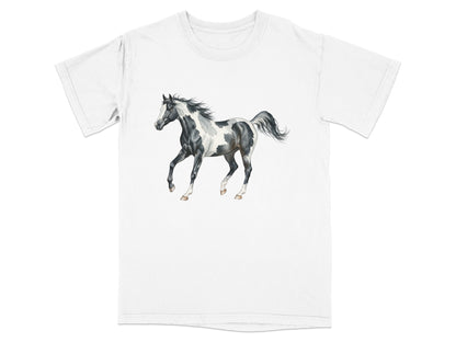 T-shirt with a black and white spotted horse design.