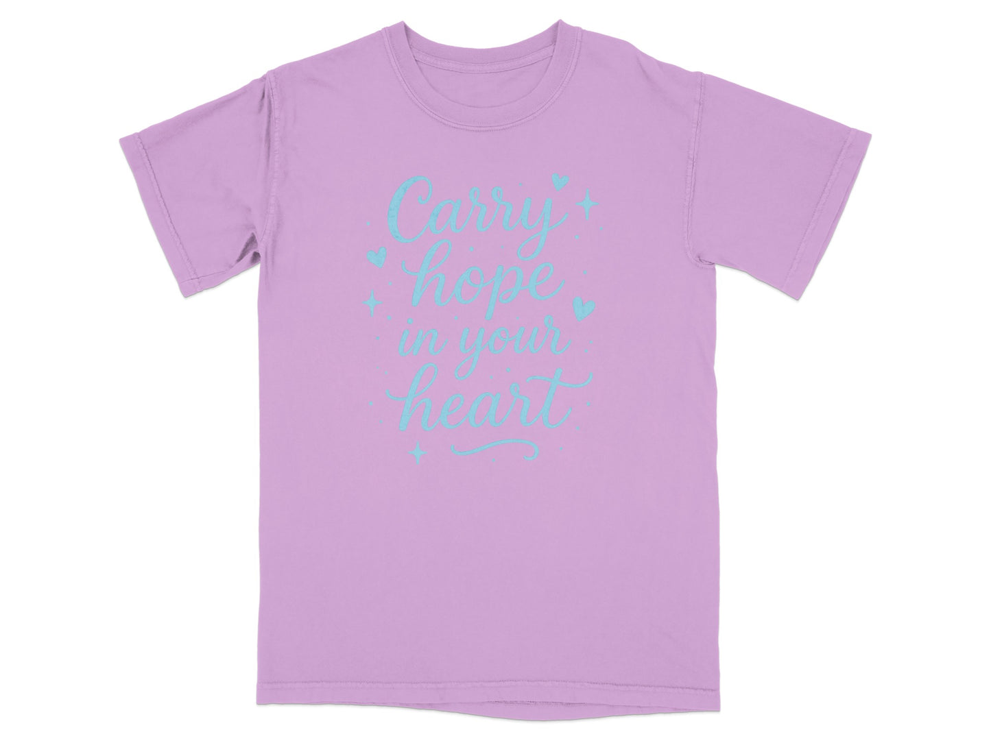 Purple t-shirt with "Carry hope in your heart" text in pastel blue.